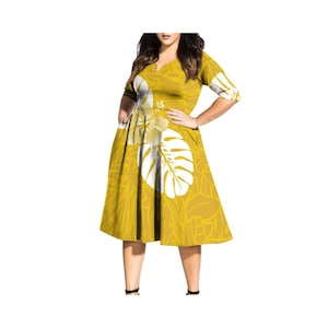 High Quality Custom Half Sleeve v Neck Casual Dress High Waist Fit Flare Party Women Dress Polynesian Clothing Vestidos
