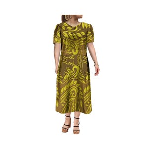 New Design Customized Polynesian V Neck Micronesian Dress Puff Short Sleeve Ladies Dress Big Size Island Dress