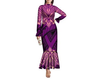 Polynesian Island Style Custom Temperament Women Off-the-shoulder Slit Dress  Samoa Hawaii Party Evening Dress
