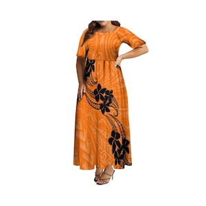 Polynesian Round Neck Short Sleeve Women&#39;s Dress Temperament High Waist Long Dress Formal Occasion Banquet Dress