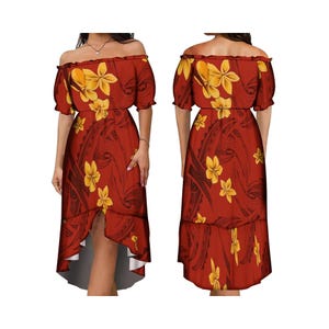 Polynesian Island Design Women Elegant Off Shoulder Pleated Fishtail Dress Short Sleeve High Low Casual Dress For Ladies