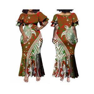 1MOQ Custom Polynesian Tribal Print Women Hawaii Dress Double Ruffle Sleeve Mermaid Plus Size Women Dress