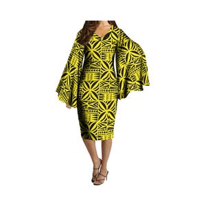Benutzerdefinierte Elegante Lange Flare Sleeve Party Plus Größe Frauen Kleid Samoa Design polynesischen Tribal Print Kleid