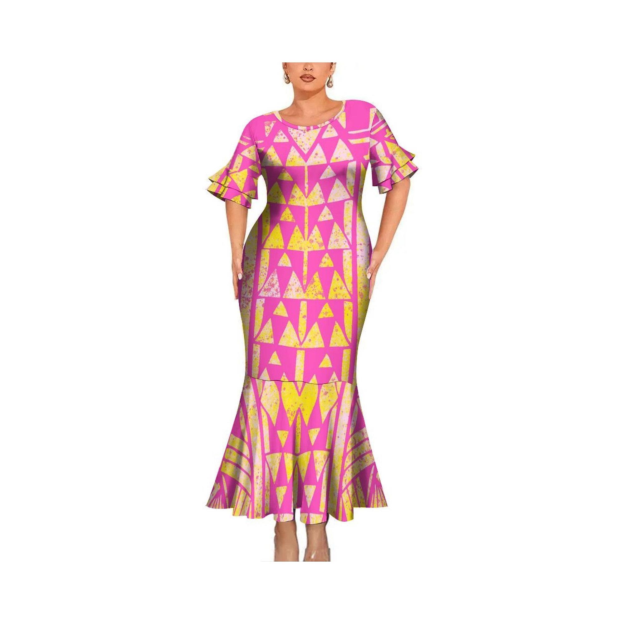 knee length dresses for ladies Hibiscus Puletasi Dress Fiji Orange Patterns main image 0