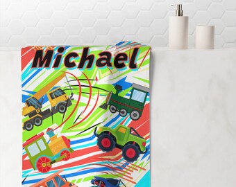 Lastwagen und Autos personalisierte Kinder Nerz Baumwolltuch, lebendige Auto Design Handtuch für Jungen, Spaß Fahrzeug Themen Handtuch, benutzerdefinierte Name Kinderhandtuch