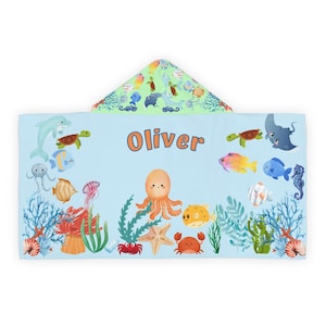Personalized Kids Hooded Towel with Sea Life Design, Custom Ocean Theme Bath Gift, Cute Beach Cover Up for Kids  HT11