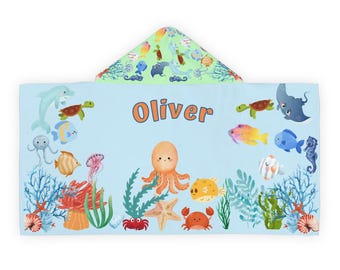 Personalisiertes Kinder Kapuzenhandtuch: Sea Life Ocean Theme, individuelles Badegeschenk