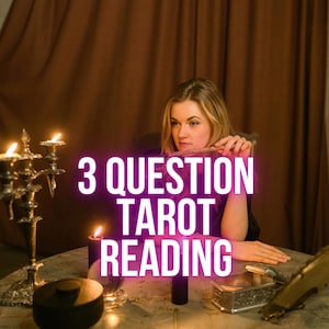 May include: A woman sits at a table with candles and a candelabra, holding a wand. The text "3 QUESTION TAROT READING" is overlaid on the image in a glowing purple font. The scene has a mystical, spiritual theme.