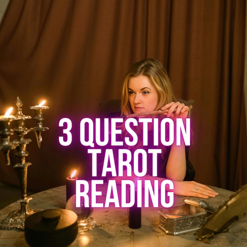 May include: A woman sits at a table with candles and a candelabra, holding a wand. The text "3 QUESTION TAROT READING" is overlaid on the image in a glowing purple font. The scene has a mystical, spiritual theme.