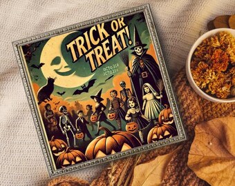 Retro Halloween Trick or Treat Poster, Skeleton Witch Art Print (Digital Download)