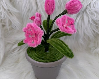 May include: A pink pipe cleaner flower arrangement in a gray pot. The flowers are made of pink pipe cleaners and the leaves are made of green pipe cleaners.