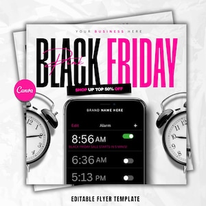 Puede incluir: Folleto promocional del Black Friday con una combinación de colores rosa y negro. El folleto incluye el texto "BLACK FRIDAY" y "SHOP UP TOP 50% OFF". Un smartphone muestra una alarma configurada para las 8:56 AM. Dos relojes despertadores vintage enmarcan el folleto.