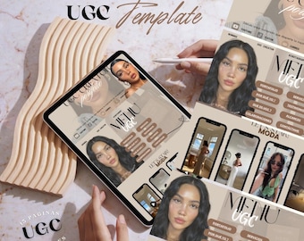 May include: A digital UGC template portfolio design with the text "PORTAFOLIO UGC Template". The design includes a tablet and several phone screens displaying a website layout. The color scheme is neutral with images of a woman. The words "15 PAGINAS UGC EDITABLES" are also visible.