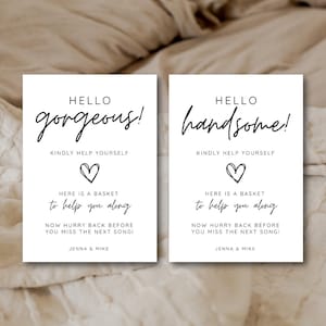 Bathroom Basket Sign For Wedding | Wedding Hello Gorgeous And Handsome Basket Sign | Modern Wedding Basket Sign | Editable Download | Canva