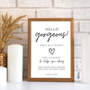 Bathroom Basket Sign For Wedding | Wedding Hello Gorgeous And Handsome Basket Sign | Modern Wedding Basket Sign | Editable Download | Canva