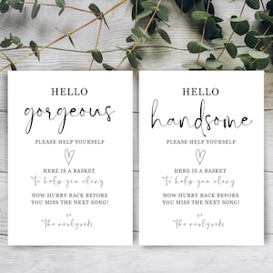 Bathroom Basket Sign For Wedding | Wedding Hello Gorgeous And Handsome Basket Sign | Modern Wedding Basket Sign | Editable Download | Canva