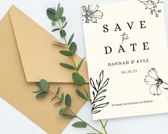 Plantilla floral para guardar la fecha: Diseño minimalista elegante (PDF)