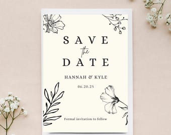 Elegante plantilla floral para guardar la fecha: Boda minimalista (descarga digital)