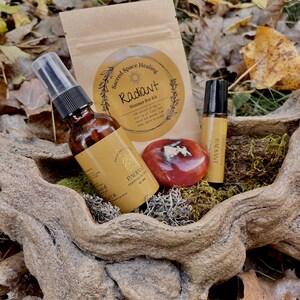 Puede incluir: Una bolsa de papel marrón con una pegatina circular blanca que dice "Sacred Space Healing Radiant Simmer Pot Kit". Una botella de vidrio transparente con una tapa marrón y una botella de rodillo marrón con una tapa negra están en un cuenco de madera con musgo y una piedra roja y blanca.