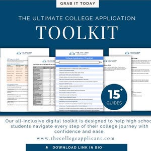 Może przedstawiać: Grafika w kolorze niebieskim i białym z tekstem "The Ultimate College Application Toolkit" i "Grab It Today". Grafika zawiera kolekcję 15 przewodników, które mają pomóc uczniom szkół średnich w poruszaniu się po procesie rekrutacji na studia. Tekst "www.thecollegeapplicant.com" i "Download Link in Bio" jest również zawarty.