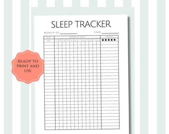 May include: A white sleep tracker printable with the text "HEALTH TRACKER" at the top. The tracker includes sections for the month, year, date, hours of sleep, and energy levels. A pink sticker with the text "READY TO PRINT AND USE" is on the left.