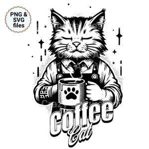 May include: Black and white illustration of a cat wearing a blue and white striped shirt and holding a coffee mug with a paw print on it. The text "Coffee Cat" is below the cat.