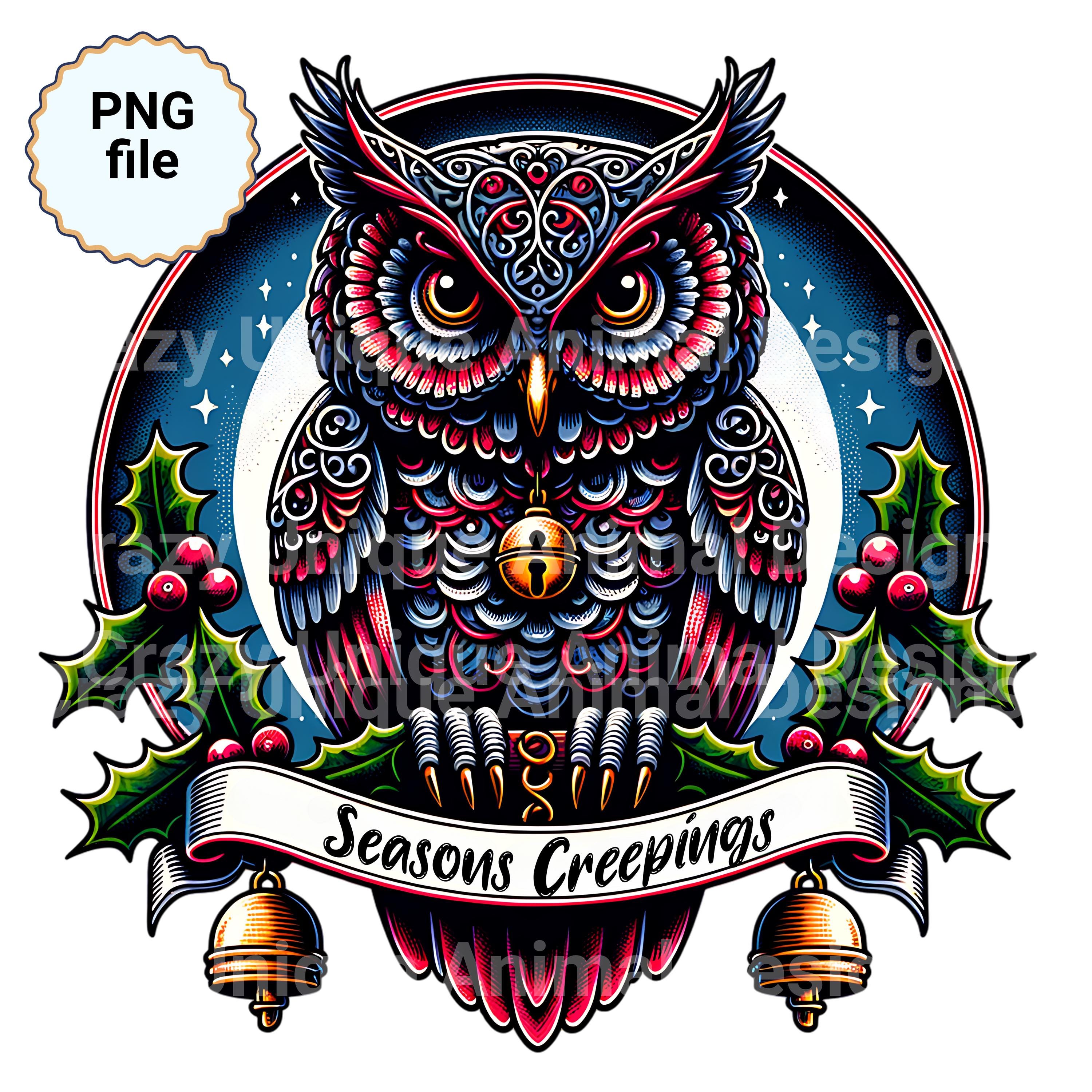 Victorian Owl with Gothic Holly & Bells - PNG Digital File