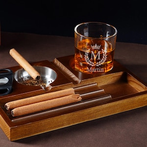Personalized Whiskey and Cigar Ashtray,Wooden Whiskey Cigar Ashtray,Whiskey and Cigar Gift,Bourbon Pairing Tray,Glass Holder Ashtray Whiskey