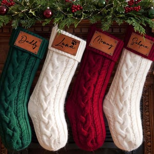 Engraved Leather Patch Stockings, Christmas Stockings with Name, Knit Family Stockings, Holiday Decor Gift