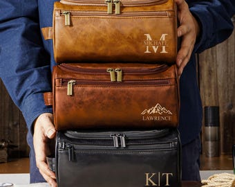 Personalized Toiletry Bag, Groomsmen Gifts-Leather Toiletry Bag for Anniversaries,Groomsmen or Him-Laser Engraved Leather Travel Kit