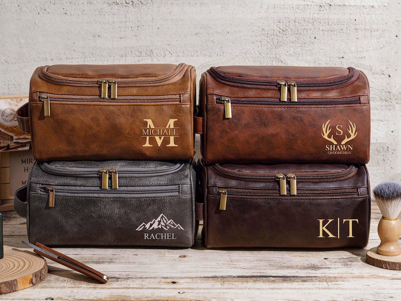 Personalized Toiletry Bag, Groomsmen Gifts-Leather Toiletry Bag for Anniversaries,Groomsmen or Him-Laser Engraved Leather Travel Kit image 2