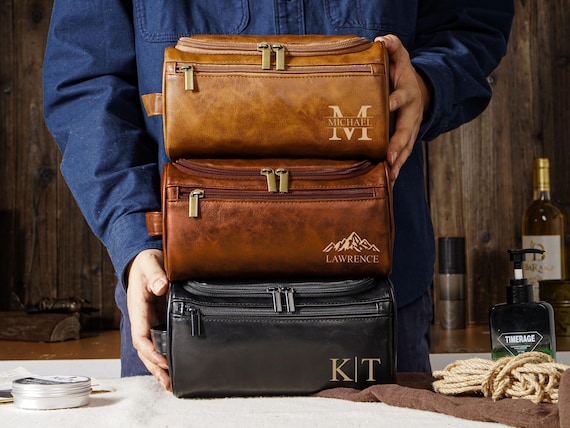 Personalized Toiletry Bag, Dopp Kit,Groomsmen Gifts,Anniversary Gift for Him,Groomsmen or Him-Laser Engraved Leather Travel Kit,Gift for Him