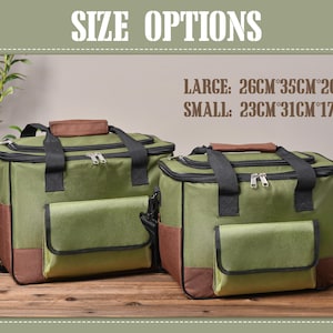 May include: Two green and brown insulated cooler bags with black straps and silver zippers. The larger bag measures 10.2" x 13.8" x 7.9", and the smaller bag is 9.1" x 12.2" x 6.7". The text "SIZE OPTIONS" is at the top.