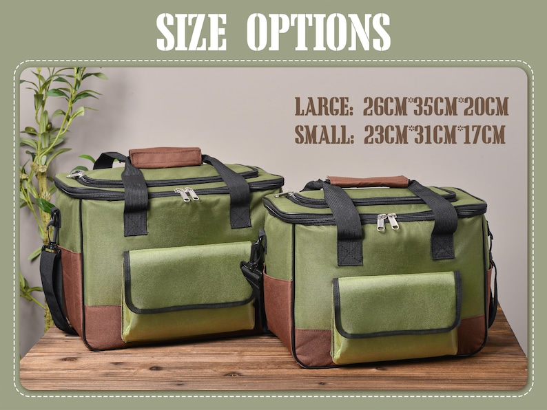 May include: Two green and brown insulated cooler bags with black straps and silver zippers. The larger bag measures 10.2" x 13.8" x 7.9", and the smaller bag is 9.1" x 12.2" x 6.7". The text "SIZE OPTIONS" is at the top.
