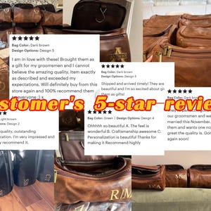 May include: Several brown leather wash bags, some with initials or names. The image includes customer reviews praising the quality. These bags are designed for travel and personal grooming, and are made of leather.