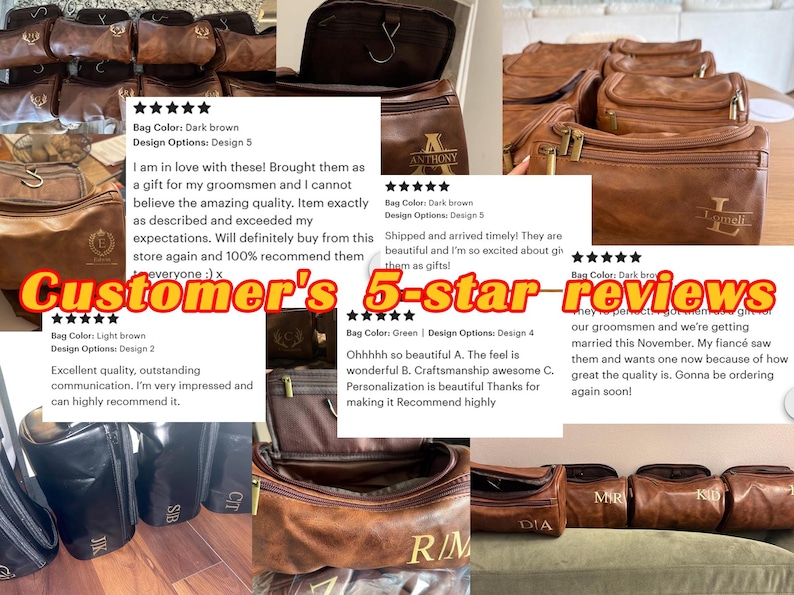 May include: Several brown leather wash bags, some with initials or names. The image includes customer reviews praising the quality. These bags are designed for travel and personal grooming, and are made of leather.