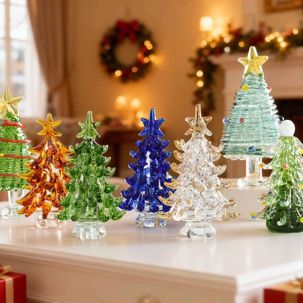 Handmade Stained Glass Miniature Christmas Trees,Illuminated Glass Christmas Trees, Christmas Ornaments Glass Tree Decoration,Christmas Gift