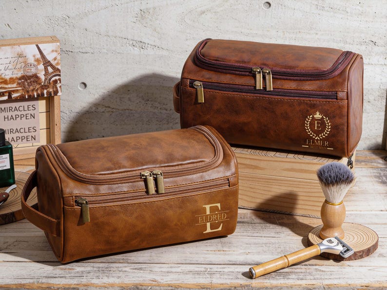 Personalized Toiletry Bag, Groomsmen Gifts-Leather Toiletry Bag for Anniversaries,Groomsmen or Him-Laser Engraved Leather Travel Kit image 8