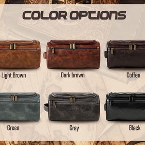 May include: Six leather wash bags are shown in light brown, dark brown, coffee, green, grey, and black. Each bag has a rectangular shape, a top zip, and a small handle. The text "COLOR OPTIONS" is displayed at the top of the image.