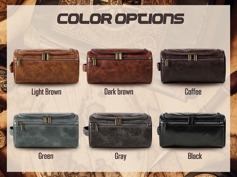 May include: Six leather wash bags are shown in light brown, dark brown, coffee, green, grey, and black. Each bag has a rectangular shape, a top zip, and a small handle. The text "COLOR OPTIONS" is displayed at the top of the image.