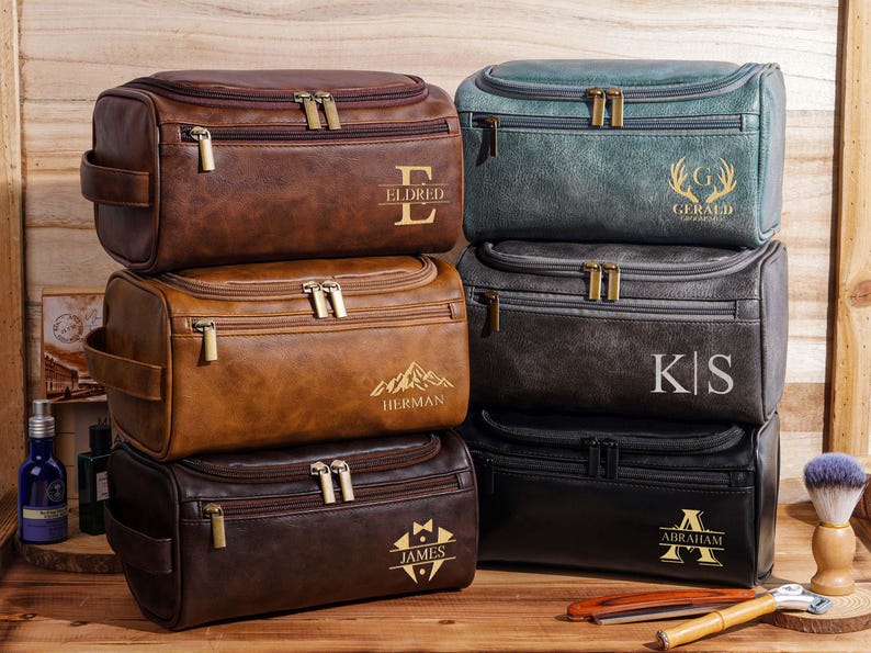Personalized Toiletry Bag, Groomsmen Gifts-Leather Toiletry Bag for Anniversaries,Groomsmen or Him-Laser Engraved Leather Travel Kit image 9