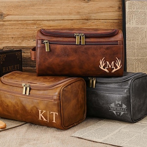 Personalized Men's Leather Toiletry Bag Groomsmen Gifts-Toiletry Bag for Anniversaries,Groomsmen,or Him-Laser Engraved Leather Travel Kit