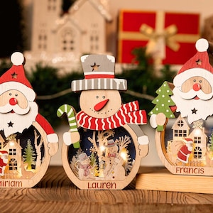 Personalized Christmas Lamp for Kids,Wooden Snowman/Santa Lantern,Xmas Ornaments With Light, Christmas Gifts For Kids, Holiday Desktop Decor