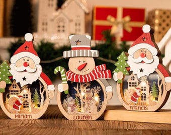 Personalized Christmas Lamp for Kids,Wooden Snowman/Santa Lantern,Xmas Ornaments With Light, Christmas Gifts For Kids, Holiday Desktop Decor