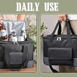 May include: Black insulated cooler bag with a front pocket and gray accents. The bag has a top zipper closure and a shoulder strap. The words "DAILY USE" are at the top of the image. The bag is shown open and filled with drinks.