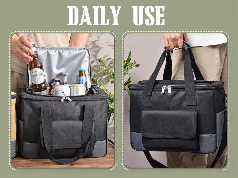 May include: Black insulated cooler bag with a front pocket and gray accents. The bag has a top zipper closure and a shoulder strap. The words "DAILY USE" are at the top of the image. The bag is shown open and filled with drinks.