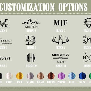 May include: Image showcasing customization options with various design templates and color choices. Designs include initials, names, and graphics. Color options are black, white, gold, silver, khaki, brown, purple, blue, navy, and green.