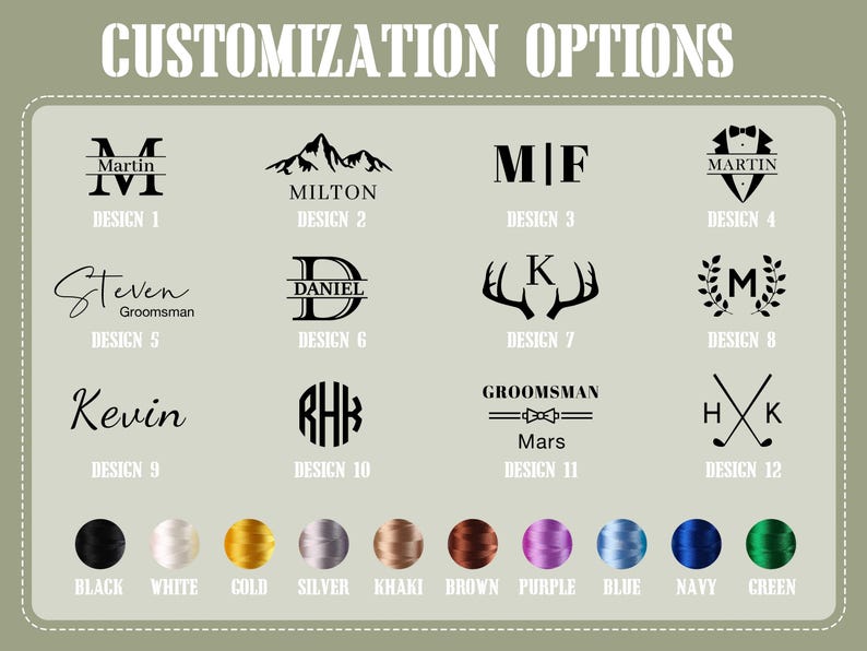 May include: Image showcasing customization options with various design templates and color choices. Designs include initials, names, and graphics. Color options are black, white, gold, silver, khaki, brown, purple, blue, navy, and green.