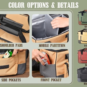 May include: An insulated cooler bag with multiple features, including shoulder pads, a mobile partition, side pockets, and a front pocket. Available in green, yellow, red, and black color options. The text "COLOR OPTIONS & DETAILS" is displayed at the top.
