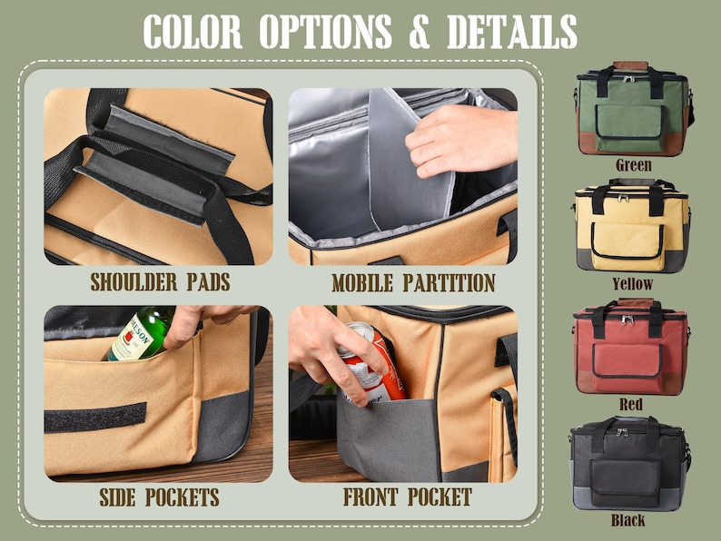 May include: An insulated cooler bag with multiple features, including shoulder pads, a mobile partition, side pockets, and a front pocket. Available in green, yellow, red, and black color options. The text "COLOR OPTIONS & DETAILS" is displayed at the top.